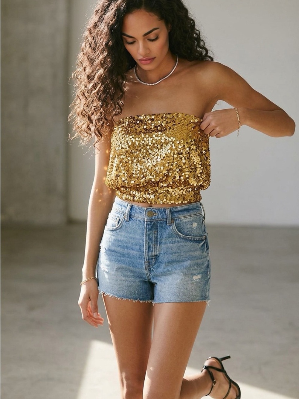 Vintage Gold Sequin Strapless Crop Top